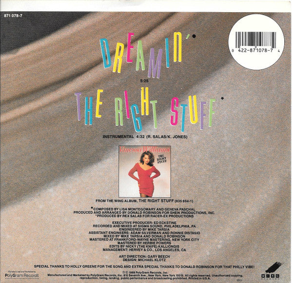 Vanessa Williams : Dreamin' (7", Single, Car)