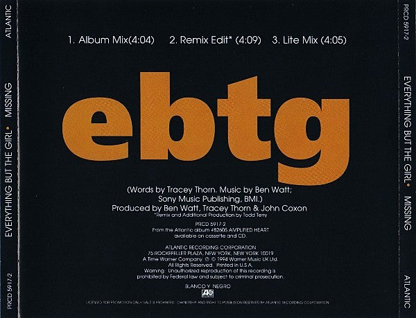 Everything But The Girl : Missing (CD, Single, Promo)