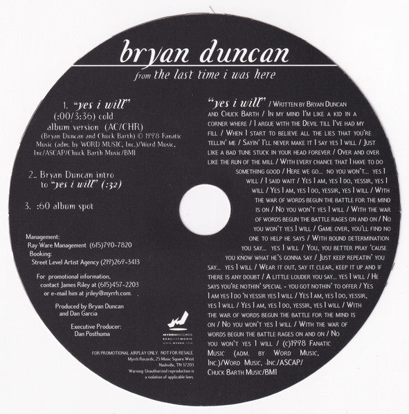 Bryan Duncan : Yes I Will (CD, Single, Promo)