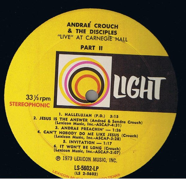 Andraé Crouch & The Disciples : "Live" At Carnegie Hall (LP, Album, Los)