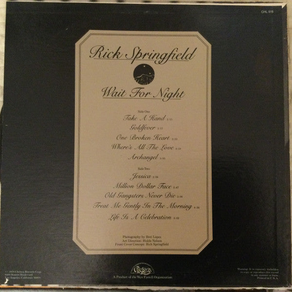 Rick Springfield : Wait For Night (LP, Album)