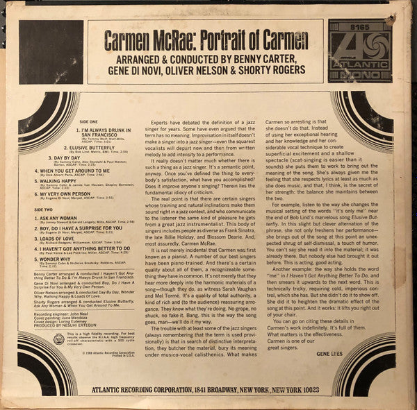 Carmen McRae : Portrait Of Carmen (LP, Album, Mono, Col)