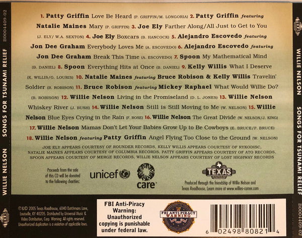 Willie Nelson : Songs For Tsunami Relief (Austin To South Asia) (CD, Album)