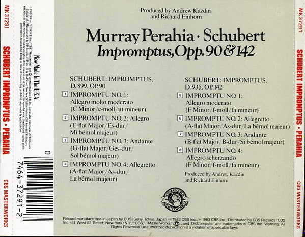Schubert* / Murray Perahia : Impromptus Opp. 90 & 142 (CD, Album, RE)