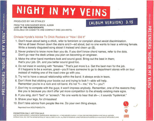 The Pretenders : Night In My Veins (CD, Single, Promo)