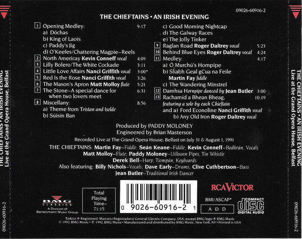 The Chieftains With Roger Daltrey And Nanci Griffith : An Irish Evening (Live At The Grand Opera House, Belfast) (CD, Album)