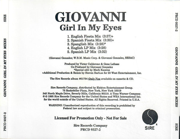 Giovanni (21) : Girl In My Eyes (CD, Single, Promo)