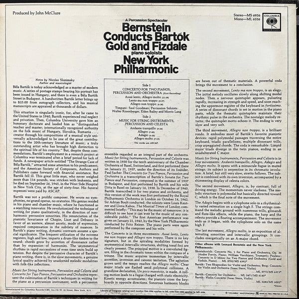 Leonard Bernstein, Béla Bartók, Arthur Gold And Robert Fizdale, New York Philharmonic : Bernstein Conducts Bartok (A Percussion Spectacular) (LP, Album)