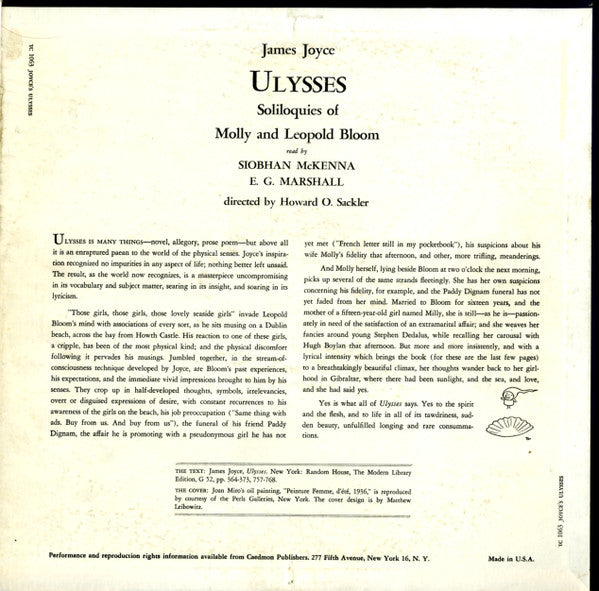 James Joyce read by Siobhan McKenna, E.G. Marshall : Ulysses:  Soliloquies Of Molly And Leopold Bloom (LP)