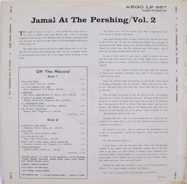 Ahmad Jamal Trio : Jamal At The Pershing Volume Two (LP, Album, Mono, MP, Promo)