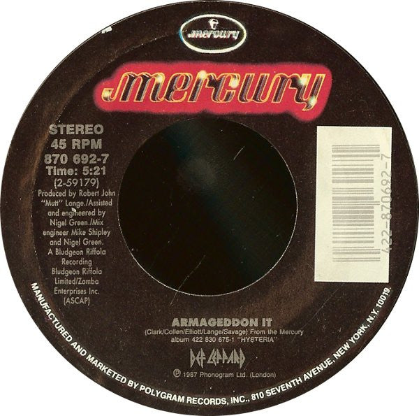 Def Leppard : Armageddon It! (7", Single, Styrene, Car)