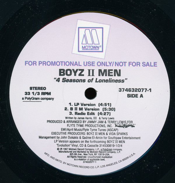 Boyz II Men : 4 Seasons Of Loneliness (12", Promo)