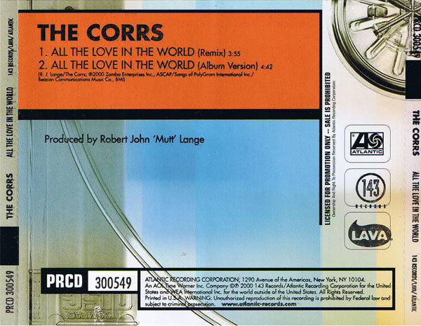 The Corrs : All The Love In The World (CD, Single, Promo)