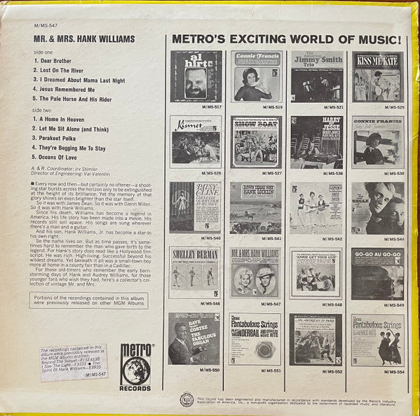 Hank & Audrey : Mr. & Mrs. Hank Williams (LP, Comp, Mono, MGM)