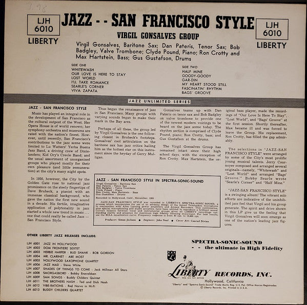 Virgil Gonsalves Sextet : Jazz San Francisco Style (LP, Album)