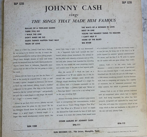 Johnny Cash : Sings The Songs That Made Him Famous (LP, Album, Mono)