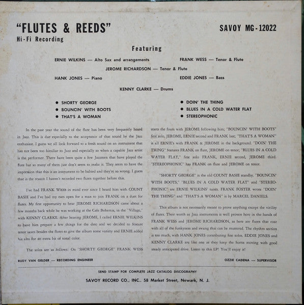 Ernie Wilkins / Frank Wess / Jerome Richardson / Hank Jones / Eddie Jones / Kenny Clarke : Flutes & Reeds (LP, Album, Mono, dee)