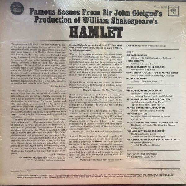 Richard Burton (2), Hume Cronyn, Alfred Drake, Eileen Herlie, George Rose, Jiří Voskovec and "Hamlet" Original Broadway Cast, Alexander H. Cohen : Famous Scenes From Sir John Gielgud's Production Of William Shakespeare's Hamlet (LP, Album, Mono)
