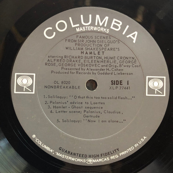 Richard Burton (2), Hume Cronyn, Alfred Drake, Eileen Herlie, George Rose, Jiří Voskovec and "Hamlet" Original Broadway Cast, Alexander H. Cohen : Famous Scenes From Sir John Gielgud's Production Of William Shakespeare's Hamlet (LP, Album, Mono)