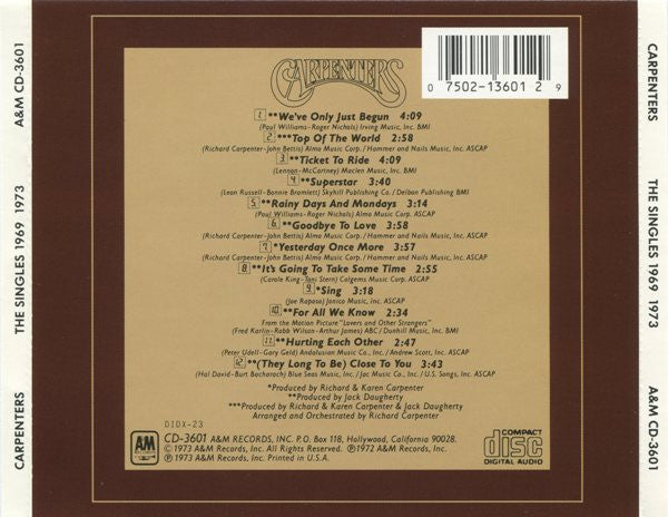Carpenters : The Singles 1969-1973 (CD, Album, Comp, RE)