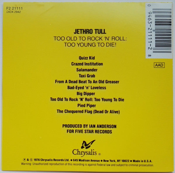 Jethro Tull : Too Old To Rock 'N' Roll: Too Young To Die! (CD, Album, RE, RP)