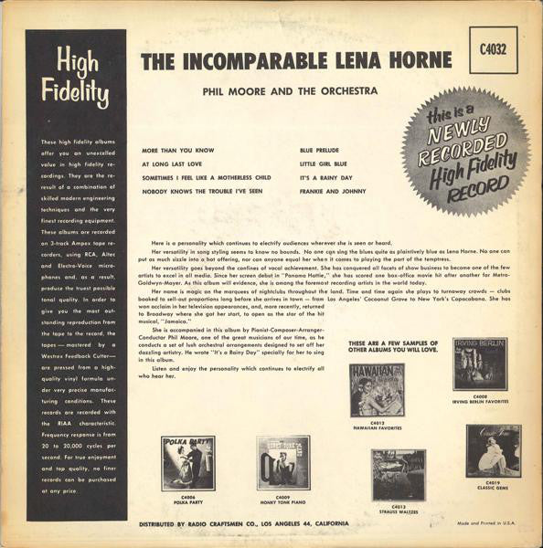 Lena Horne : The Incomparable Lena Horne (LP, Album, Mono)