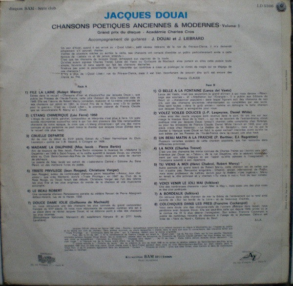 Jacques Douai : Chansons Poétiques Anciennes Et Modernes Vol 1 (LP)