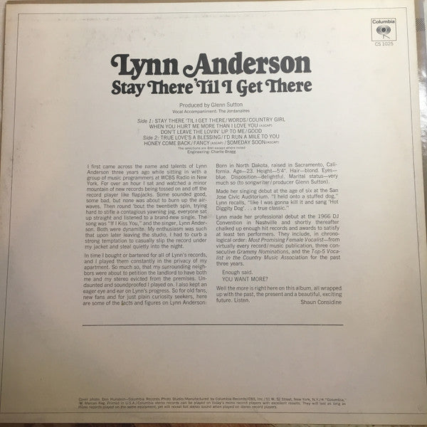 Lynn Anderson : Stay There 'Til I Get There (LP, Album, San)