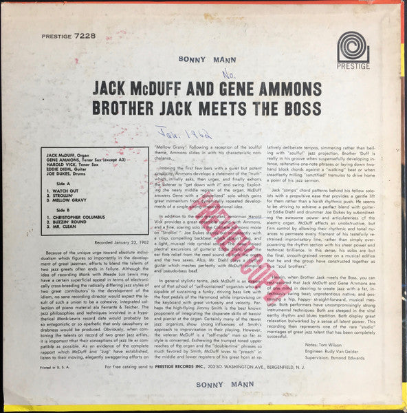 Brother Jack McDuff And Gene Ammons : Brother Jack Meets The Boss (LP, Album, Mono)