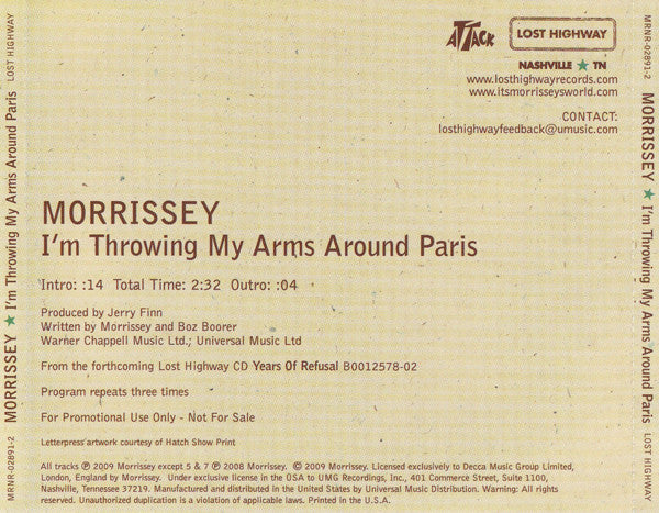 Morrissey : I'm Throwing My Arms Around Paris (CD, Single, Promo)