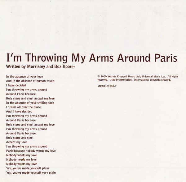 Morrissey : I'm Throwing My Arms Around Paris (CD, Single, Promo)