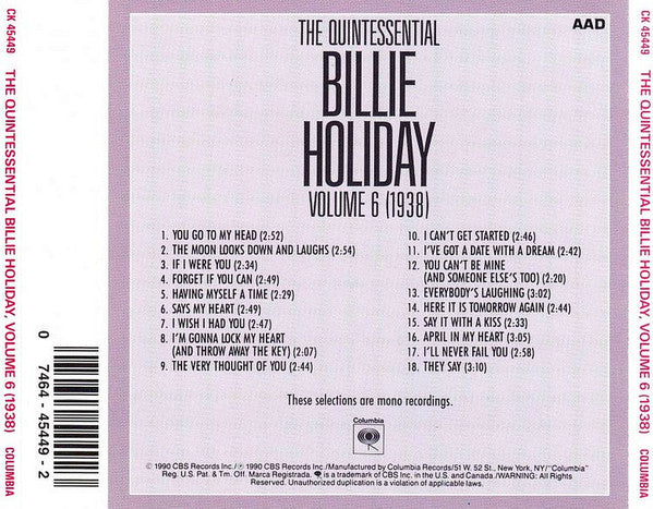 Billie Holiday : The Quintessential Billie Holiday, Volume 6 (1938) (CD, Comp, Mono, RM)
