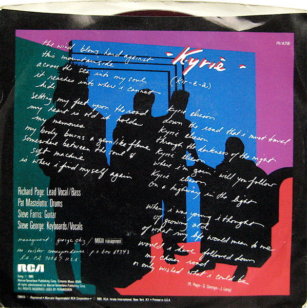 Mr. Mister : Kyrie (Kir-ē-ā) (7", Single, Pur)