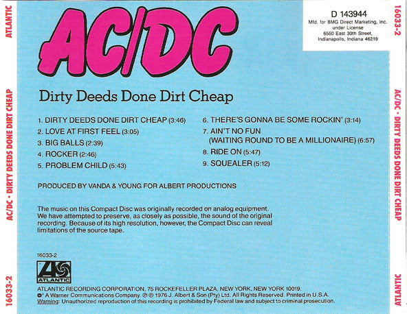 AC/DC : Dirty Deeds Done Dirt Cheap (CD, Album, Club, RE, BMG)