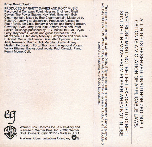 Roxy Music : Avalon (Cass, Album, AR,)