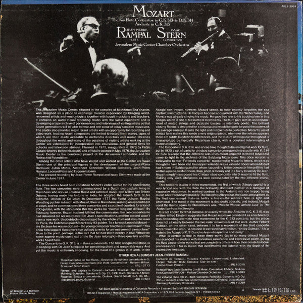 Jean-Pierre Rampal, Isaac Stern, Wolfgang Amadeus Mozart, Jerusalem Music Center Chamber Orchestra : The Two Flute Concertos / Andante (LP, Album)