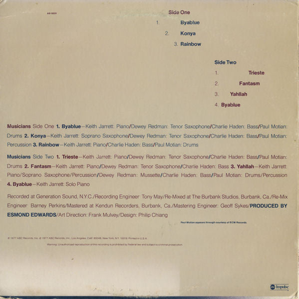 Keith Jarrett : Byablue (LP, Album)