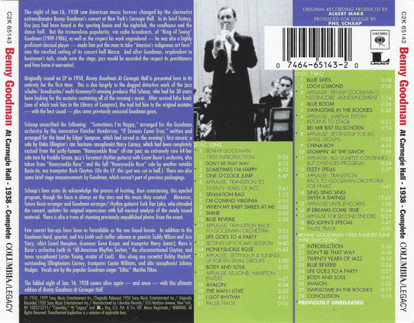 Benny Goodman : The Famous 1938 Carnegie Hall Jazz Concert (2xCD, RE, RM)