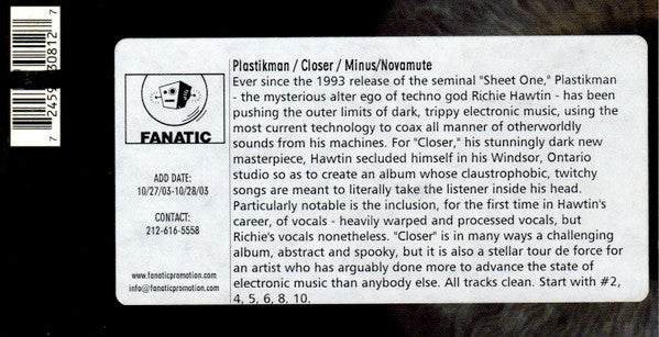 Plastikman : Closer (CD, Album)