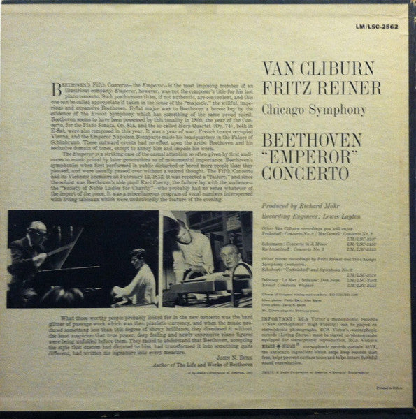 Van Cliburn, Chicago Symphony Orchestra, Fritz Reiner - Ludwig van Beethoven : "Emperor" Concerto (LP, Album, Mono)