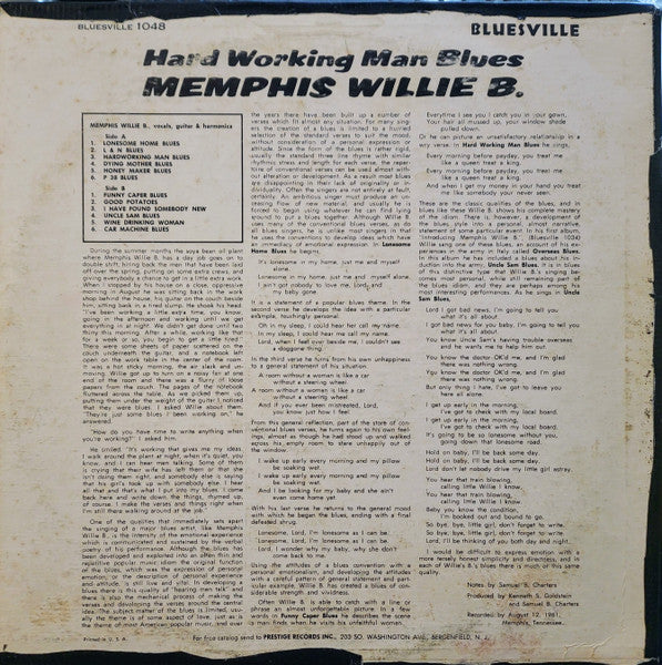 Memphis Willie B. : Hard Working Man Blues (LP, Album, Mono)