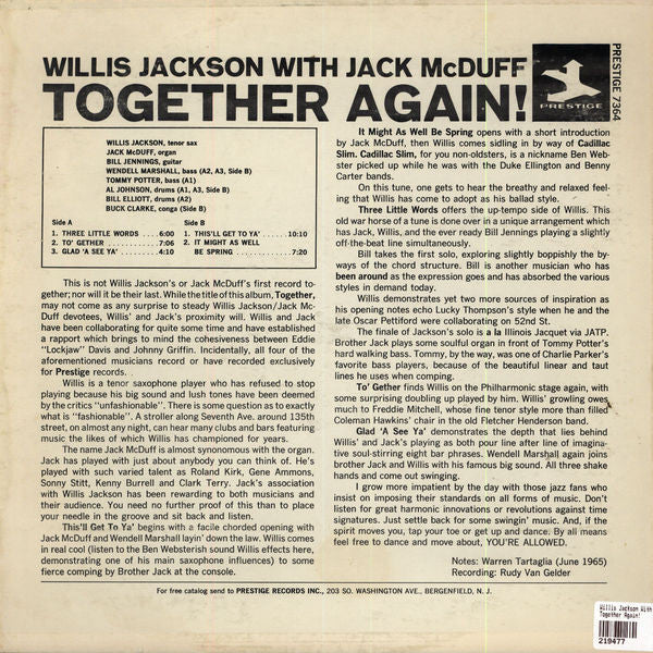 Willis Jackson With Brother Jack McDuff : Together Again! (LP, Album, Mono)