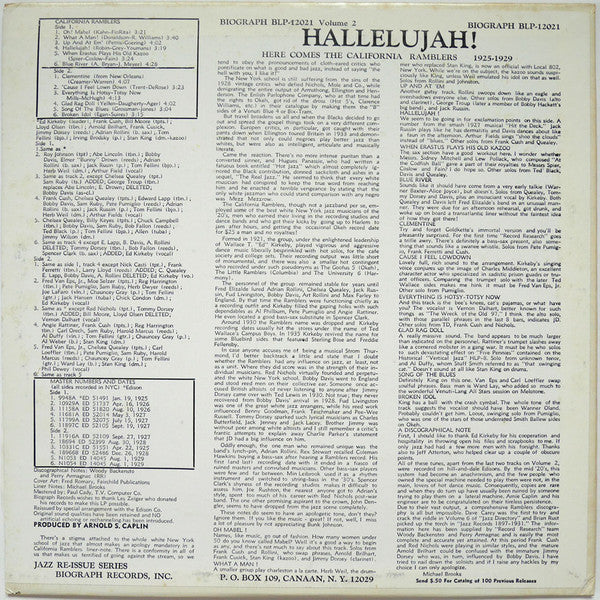 California Ramblers : Hallelujah! Here Comes The California Ramblers 1925-29 - Volume Two (LP, Comp)