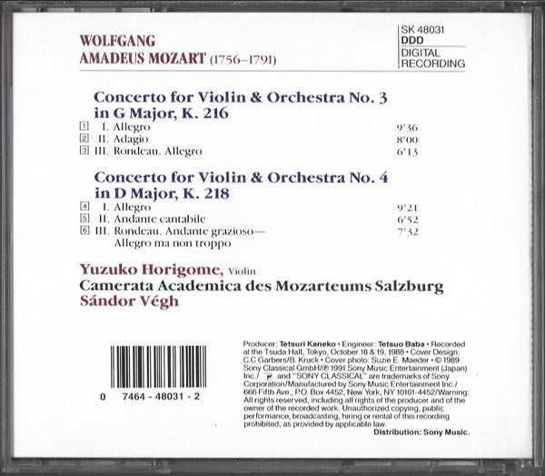 Mozart* - Yuzuko Horigome, Camerata Academica Des Mozarteums Salzburg*, Sándor Végh : Violin Concertos (CD, Album)
