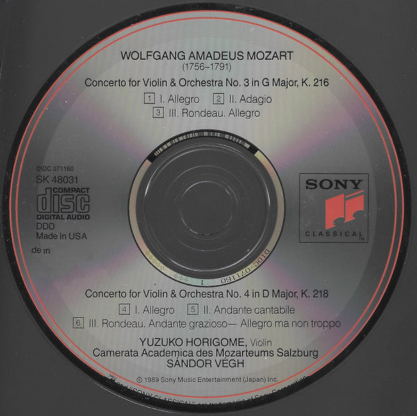 Mozart* - Yuzuko Horigome, Camerata Academica Des Mozarteums Salzburg*, Sándor Végh : Violin Concertos (CD, Album)