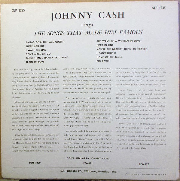 Johnny Cash : Sings The Songs That Made Him Famous (LP, Album, Mono)