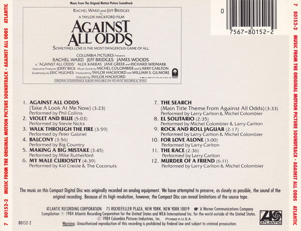 Various : Music From The Original Motion Picture Soundtrack - Against All Odds (CD, Comp)