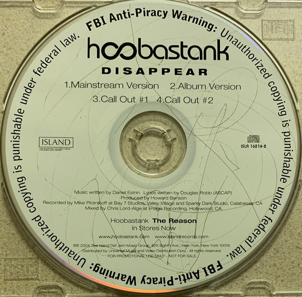 Hoobastank : Disappear (CD, Single, Promo)