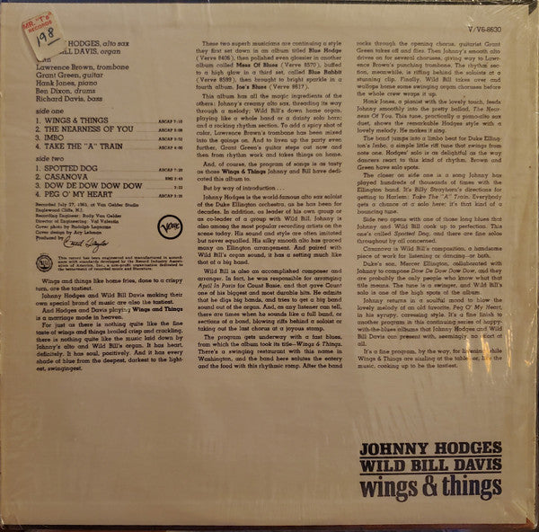 Johnny Hodges & Wild Bill Davis : Wings And Things (LP, Mono)