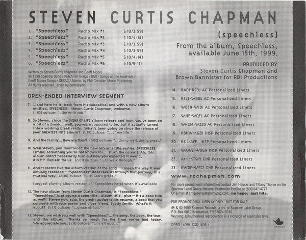 Steven Curtis Chapman : Speechless (CD, Single, Promo)